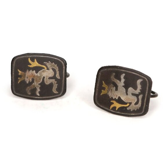 Vintage Swank Coat of Arm Fighting Lion Shield Earrings Screw Back  Black Silver - Picture 6 of 6